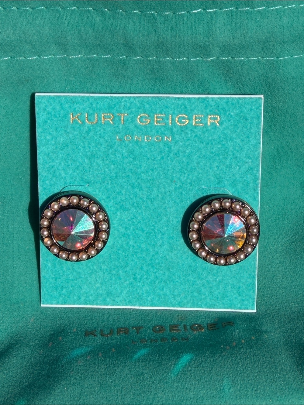 Kurt Geiger Iridescent Crystal Pearl Halo Stud Earrings - Teal Accents